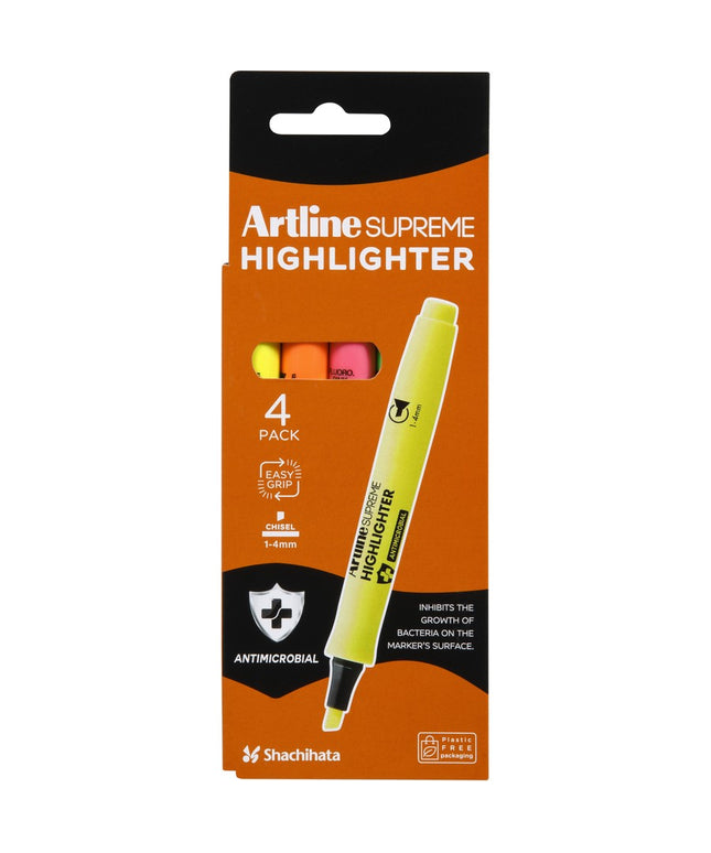 Artline Supreme Highlighter Antimicrobial Pk 4