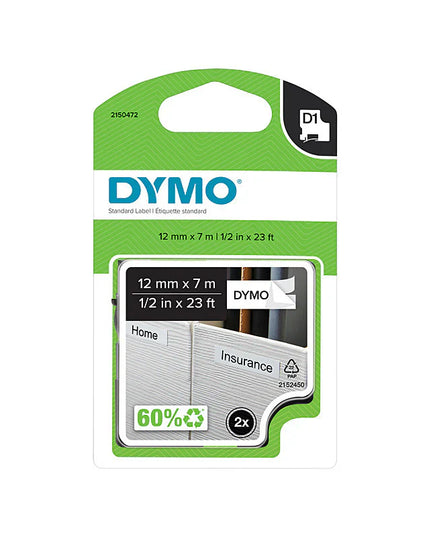 DYMO D1 Labelling Tape - Black on White (12mm x 7m) 2PK