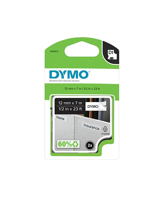 DYMO D1 Labelling Tape - Black on White (12mm x 7m) 2PK