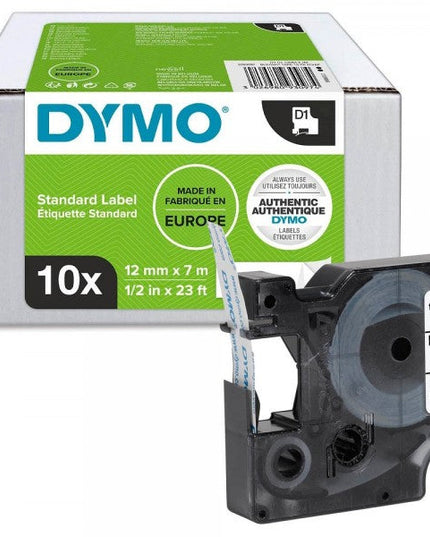 DYMO D1 Labelling Tape - Black on White (12mm x 7m) 10PK