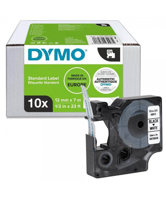DYMO D1 Labelling Tape - Black on White (12mm x 7m) 10PK