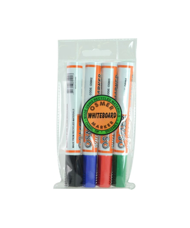 Osmer Whiteboard Markers - 4 Colour Wallet (Chisel Tip)