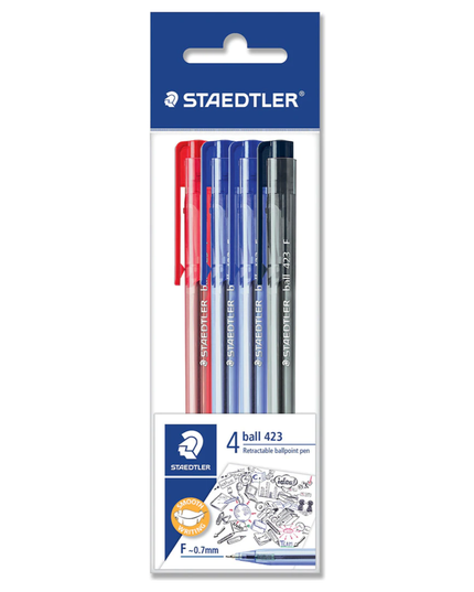 Staedtler Ball 423 Triangular Retractable Ballpoint Pens 4-Pack - Blue/Black/Red