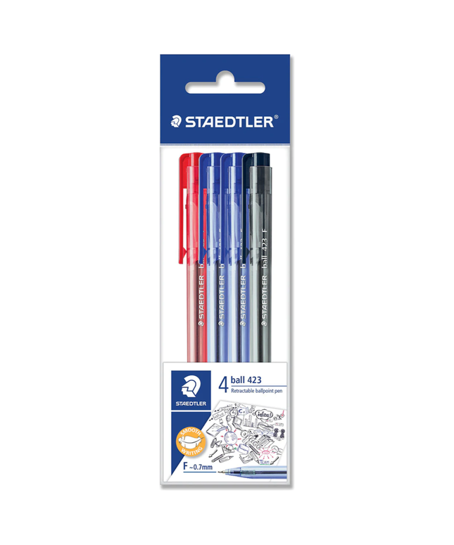 Staedtler Ball 423 Triangular Retractable Ballpoint Pens 4-Pack - Blue/Black/Red
