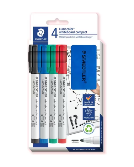 Staedtler Lumocolor 341 Whiteboard Markers with Wiper 4 Pack