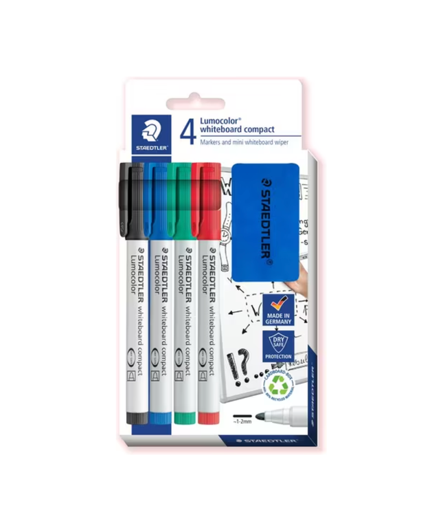 Staedtler Lumocolor 341 Whiteboard Markers with Wiper 4 Pack