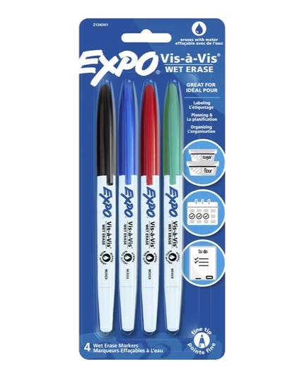 Expo Vis-A-Vis Whiteboard Markers Fine Assorted (4 Pack)