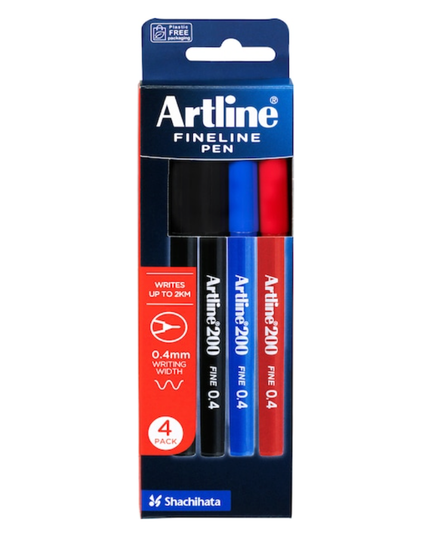 ARTLINE 200 FINELINE 0.4MM ASSORTED 4 PACK