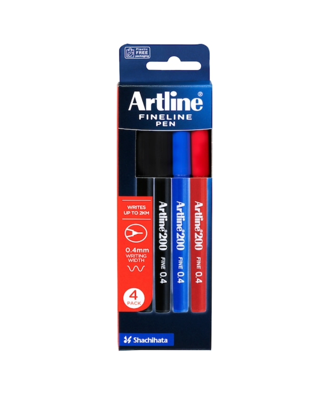 ARTLINE 200 FINELINE 0.4MM ASSORTED 4 PACK