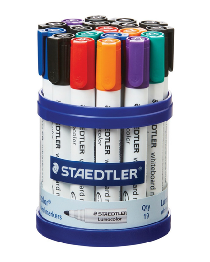 STAEDTLER NON-PERMANENT ASSORTED BULLET TIP LUMOCOLOR WHITEBOARD MARKER IN A CUP OF 19