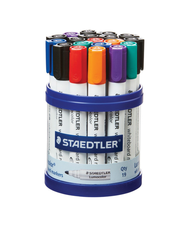 STAEDTLER NON-PERMANENT ASSORTED BULLET TIP LUMOCOLOR WHITEBOARD MARKER IN A CUP OF 19