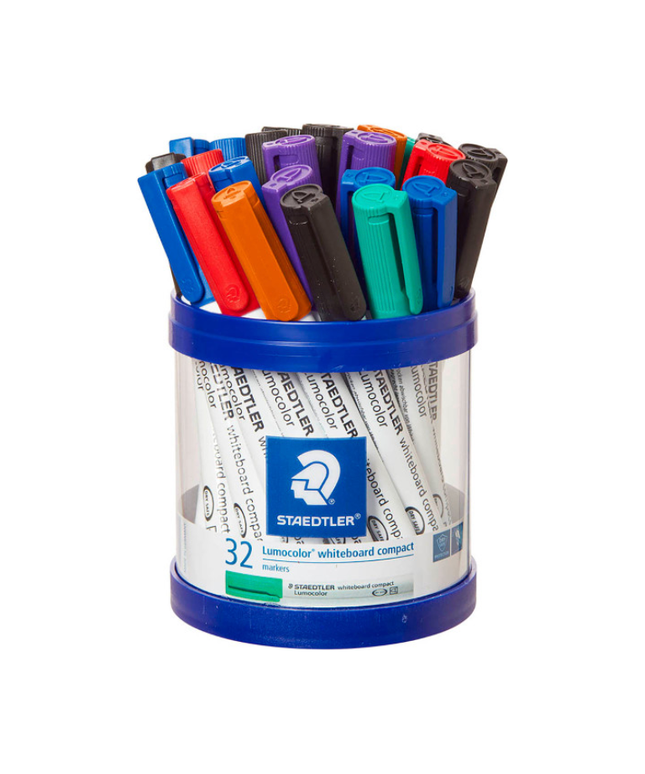 STAEDTLER  LUMOCOLOR WHITEBOARD COMPACT MARKER BULLET POINT - CUP OF 32 ASSORTED COLOURS
