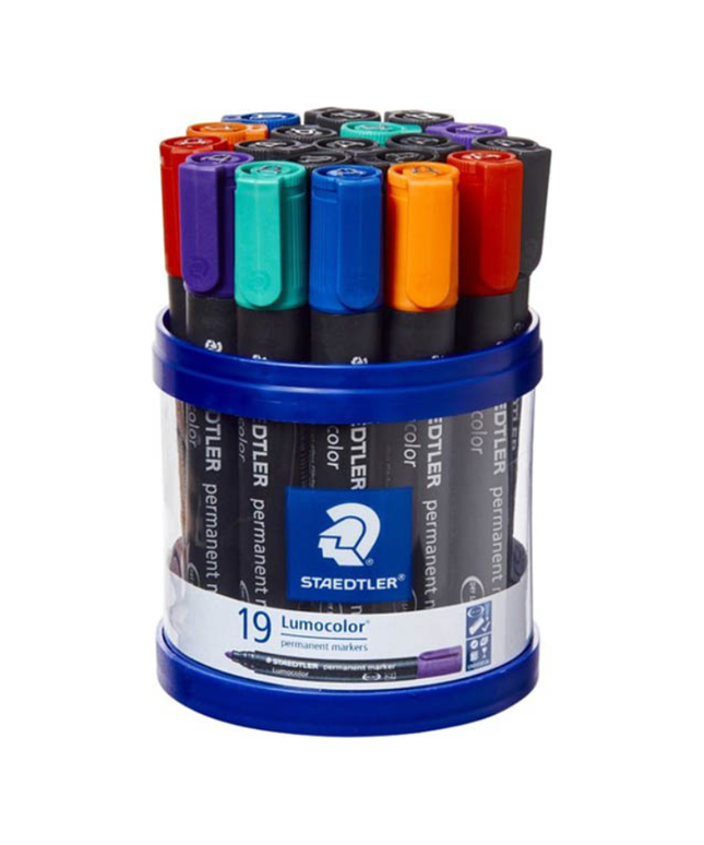 STAEDTLER 352-S K19 PERMANENT BULLET TIP LUMOCOLOR MARKER IN A CUP OF 19 ASSORTED COLOURS