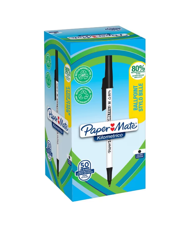 Paper Mate Kilometrico Recycled Ballpoints Black (50 Pack)