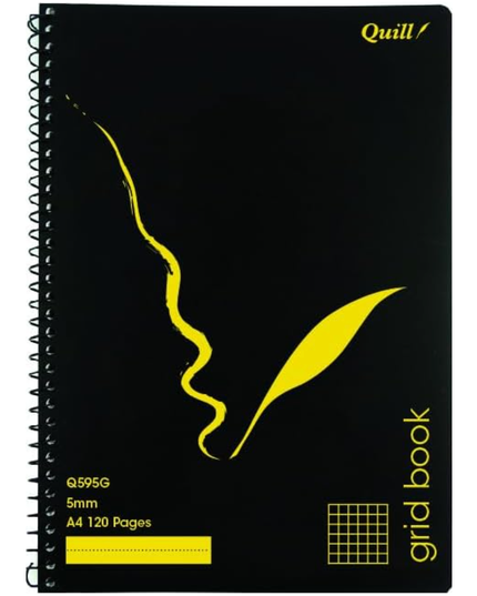 Quill A4 Grid Book, 5mm Squares, 70gsm, 120 Pages, Black Polypropylene Cover