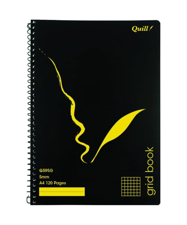 Quill A4 Grid Book, 5mm Squares, 70gsm, 120 Pages, Black Polypropylene Cover