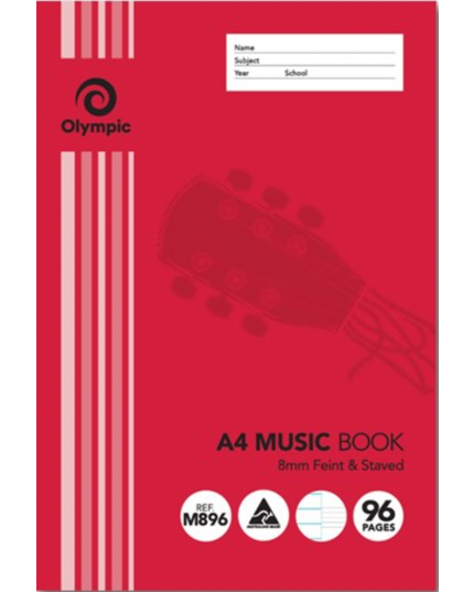 Olympic M896 Music Book A4 8mm Feint And Stave Ruled 96 Page