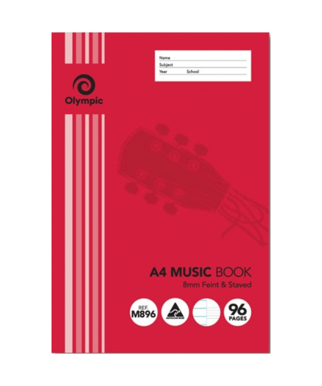 Olympic M896 Music Book A4 8mm Feint And Stave Ruled 96 Page