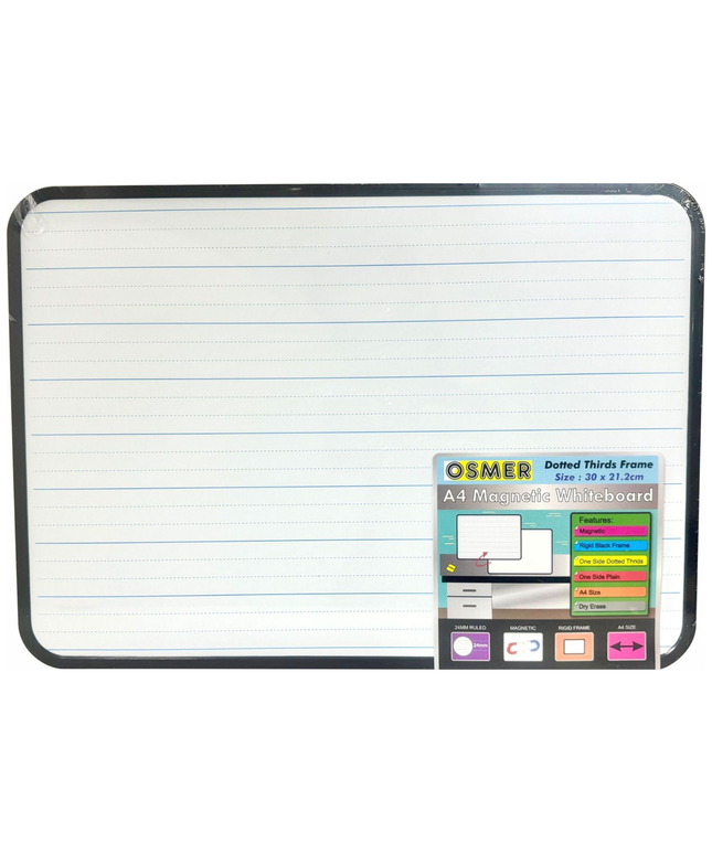 A4 Magnetic Whiteboard Doubled Sided - Plain and Dotted Thirds with Frame