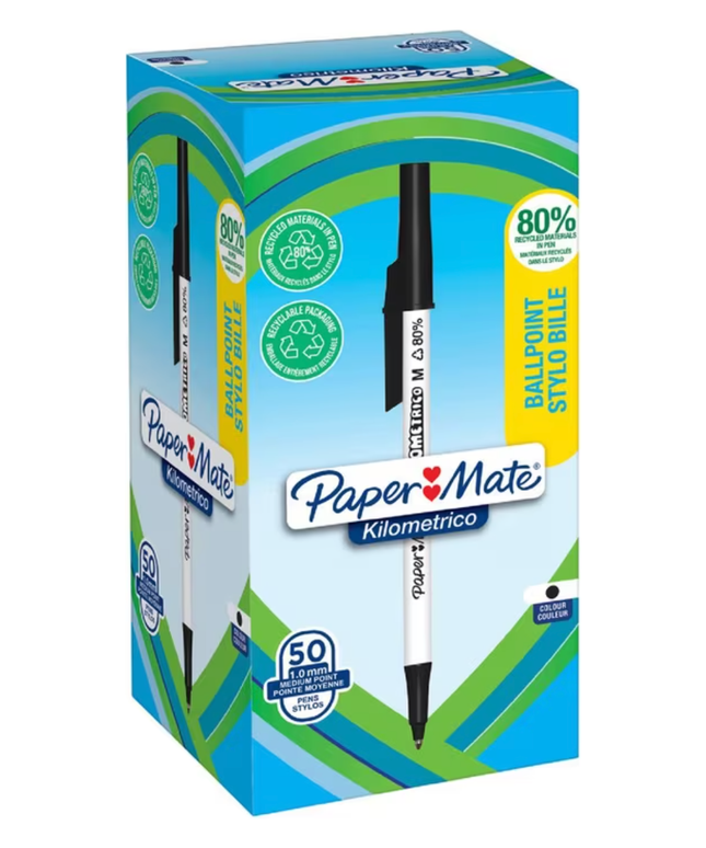 Paper Mate Kilometrico Recycled Ballpoints Black (50 Pack)