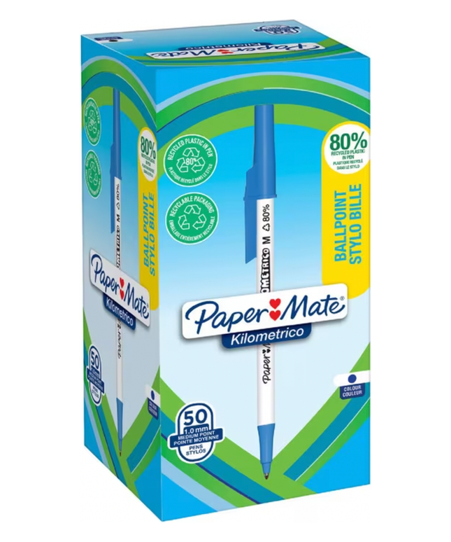 Paper Mate Blue Kilometrico Recycled Ballpoints Blue (50 Pack)