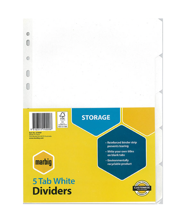 MARBIG TAB DIVIDERS A4 COLOUR (ASSORTED SIZES)