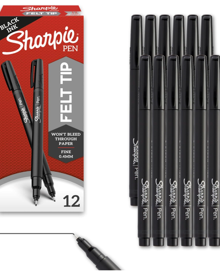 Sharpie Pen Stylo Felt Tip 0.4mm Black Fine Liners (12pk)