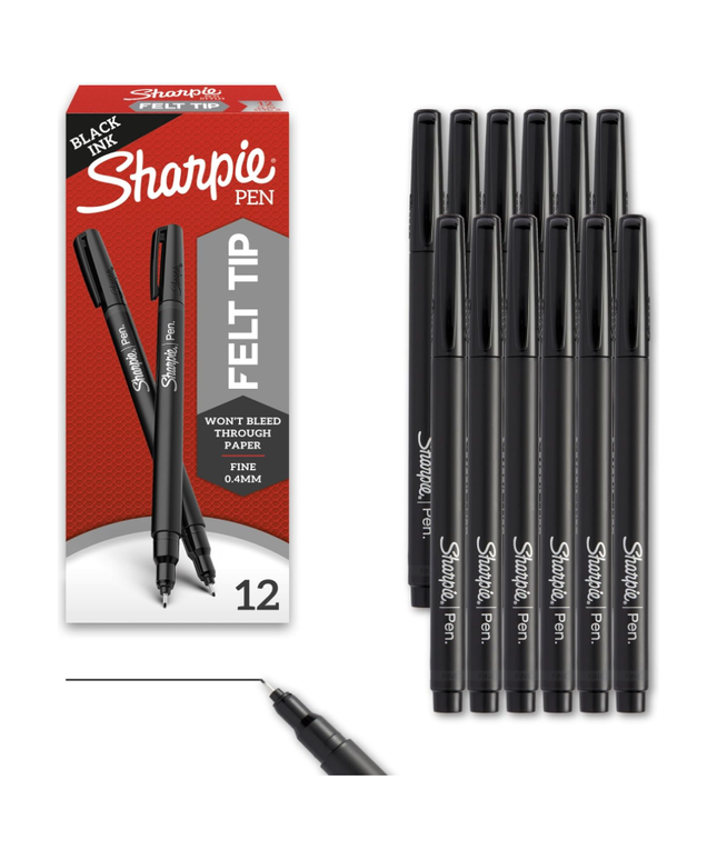 Sharpie Pen Stylo Felt Tip 0.4mm Black Fine Liners (12pk)