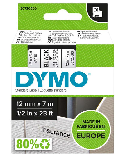 DYMO D1 Labelling Tape - Black on White (12mm x 7m)