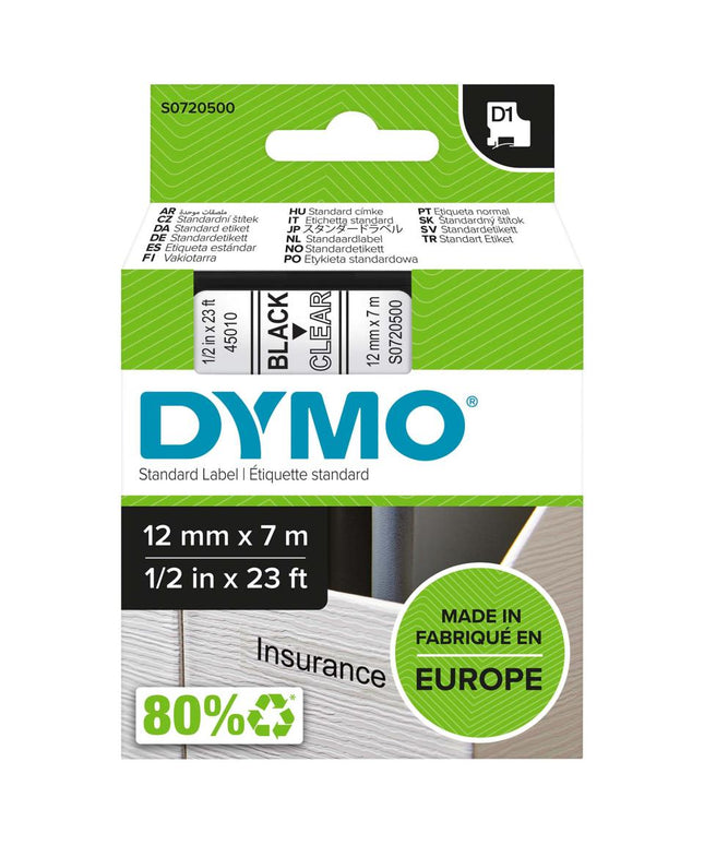 DYMO D1 Labelling Tape - Black on White (12mm x 7m)